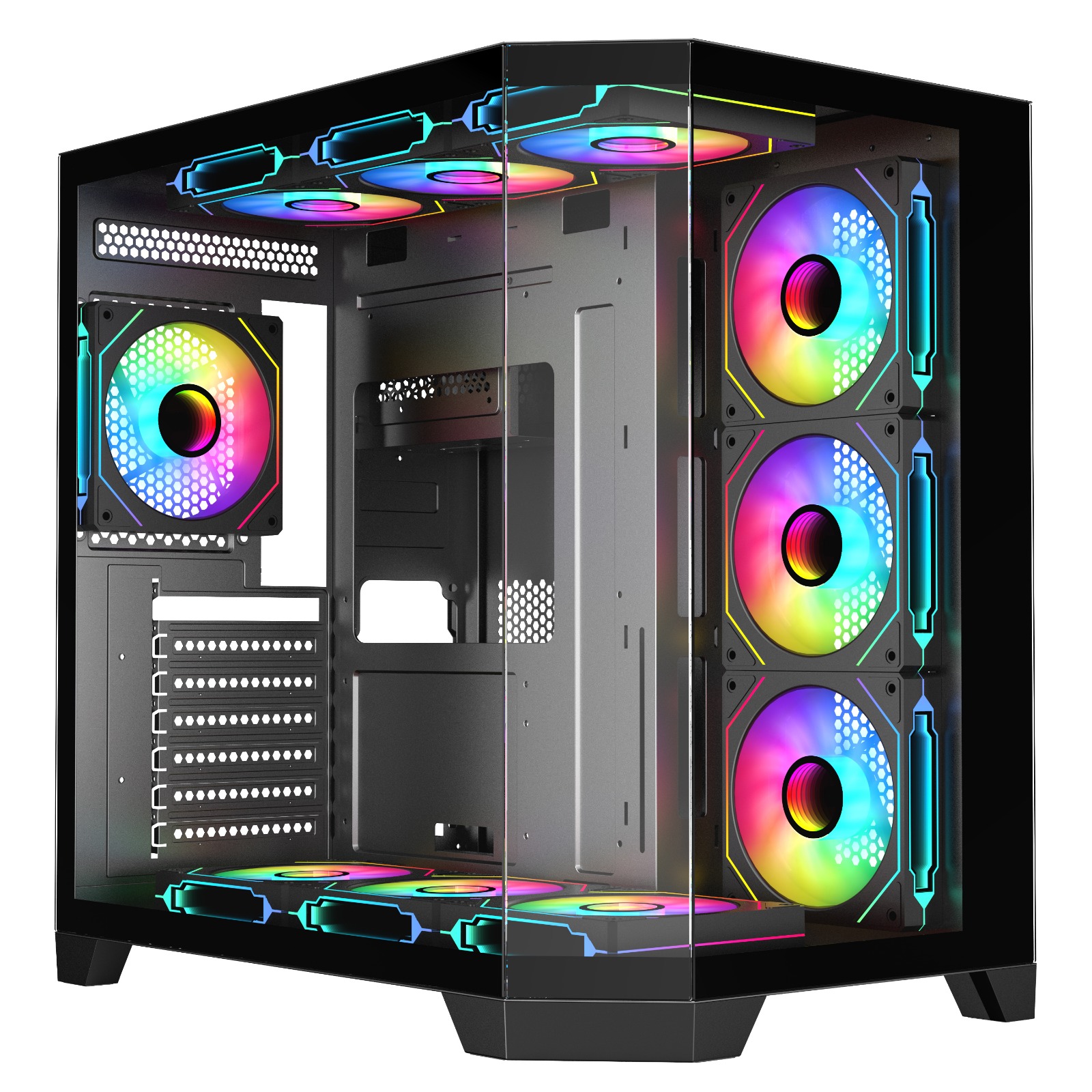 Ease EC124IF Pro Panoramic ATX Gaming Case with Pillarless Tempered Glass, Mesh Top, Type-C, and ARGB Fans